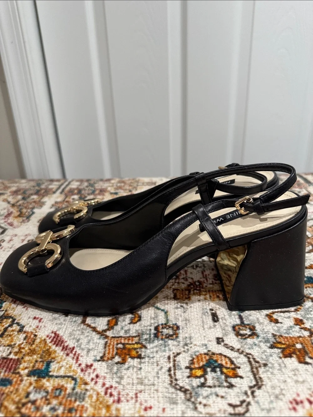 Nine West Black Leather Slingback Block Heels with Gold Chain Detail